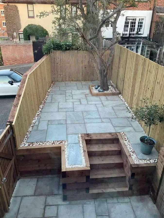 Sleeper steps & sandstone patio