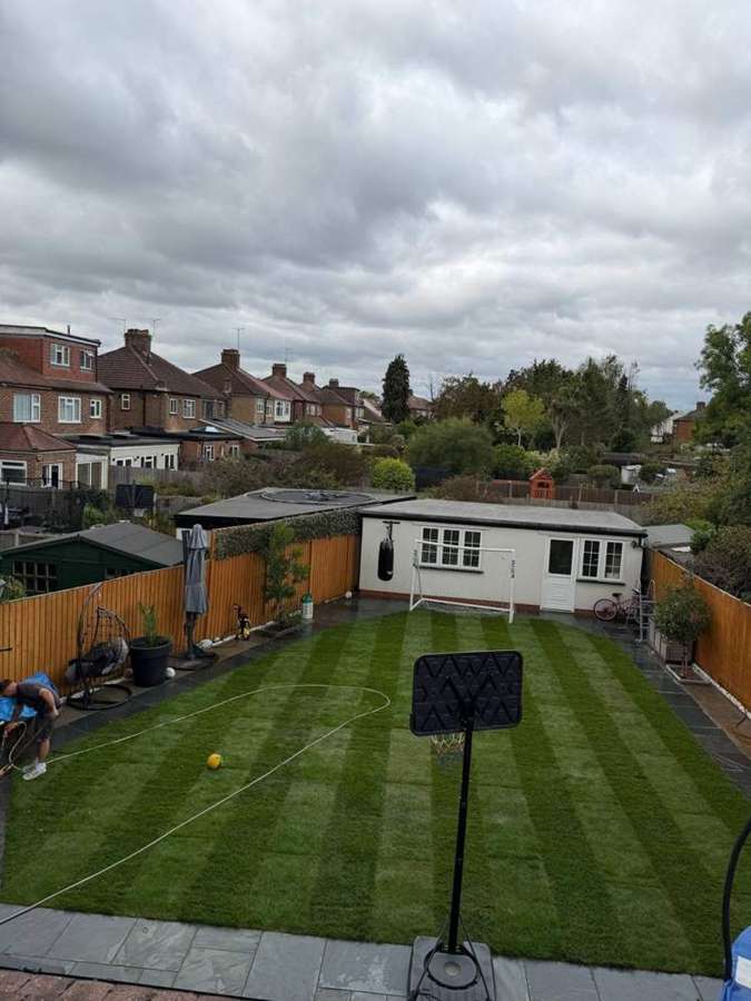 New turf and slate paving from above